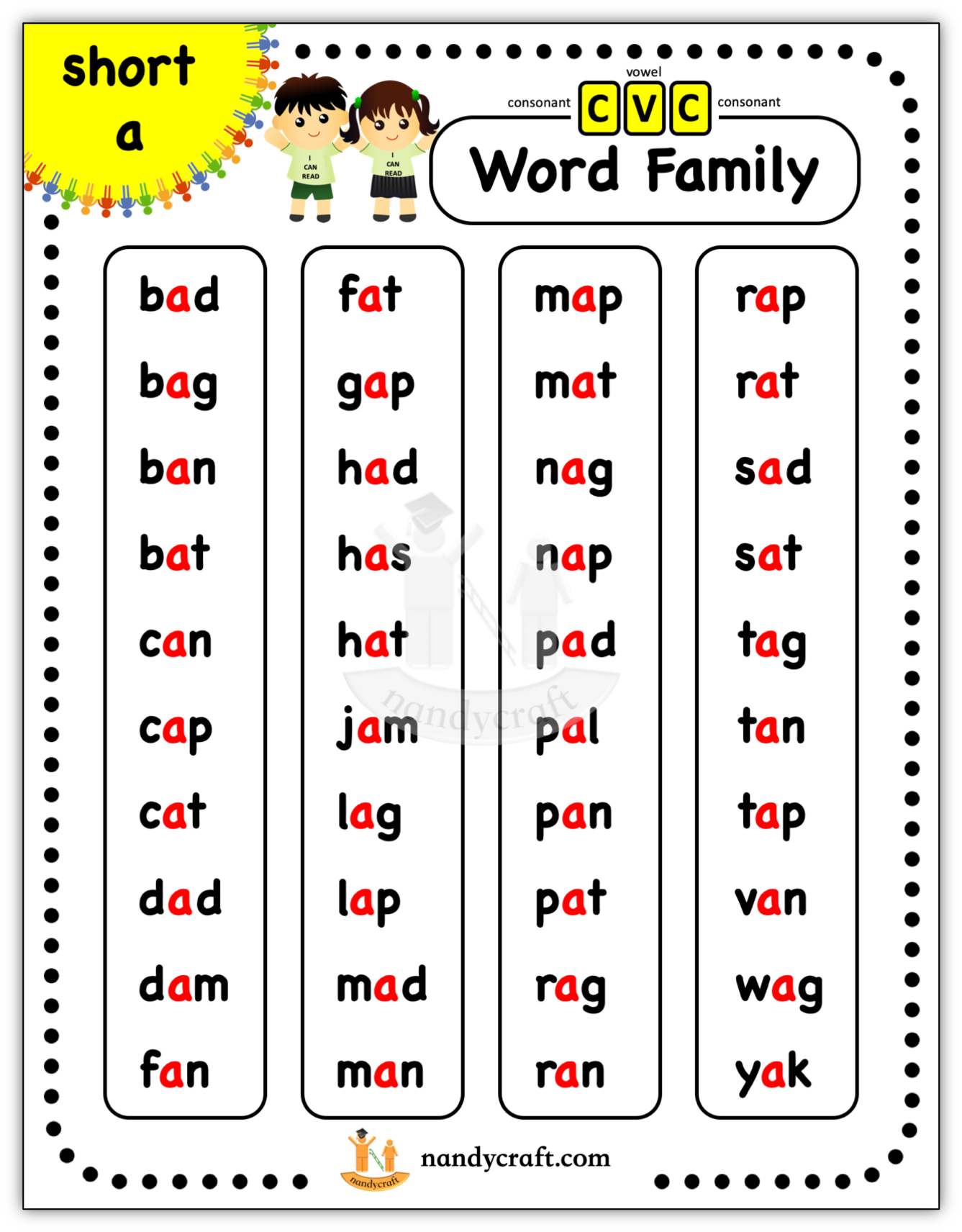 CVC Word Lists: Free Printable Short Vowel Word Families, 50% OFF