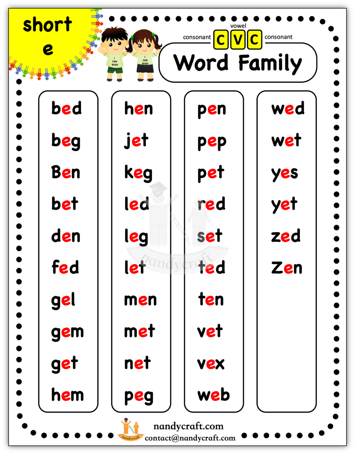 Short e CVC Word Family