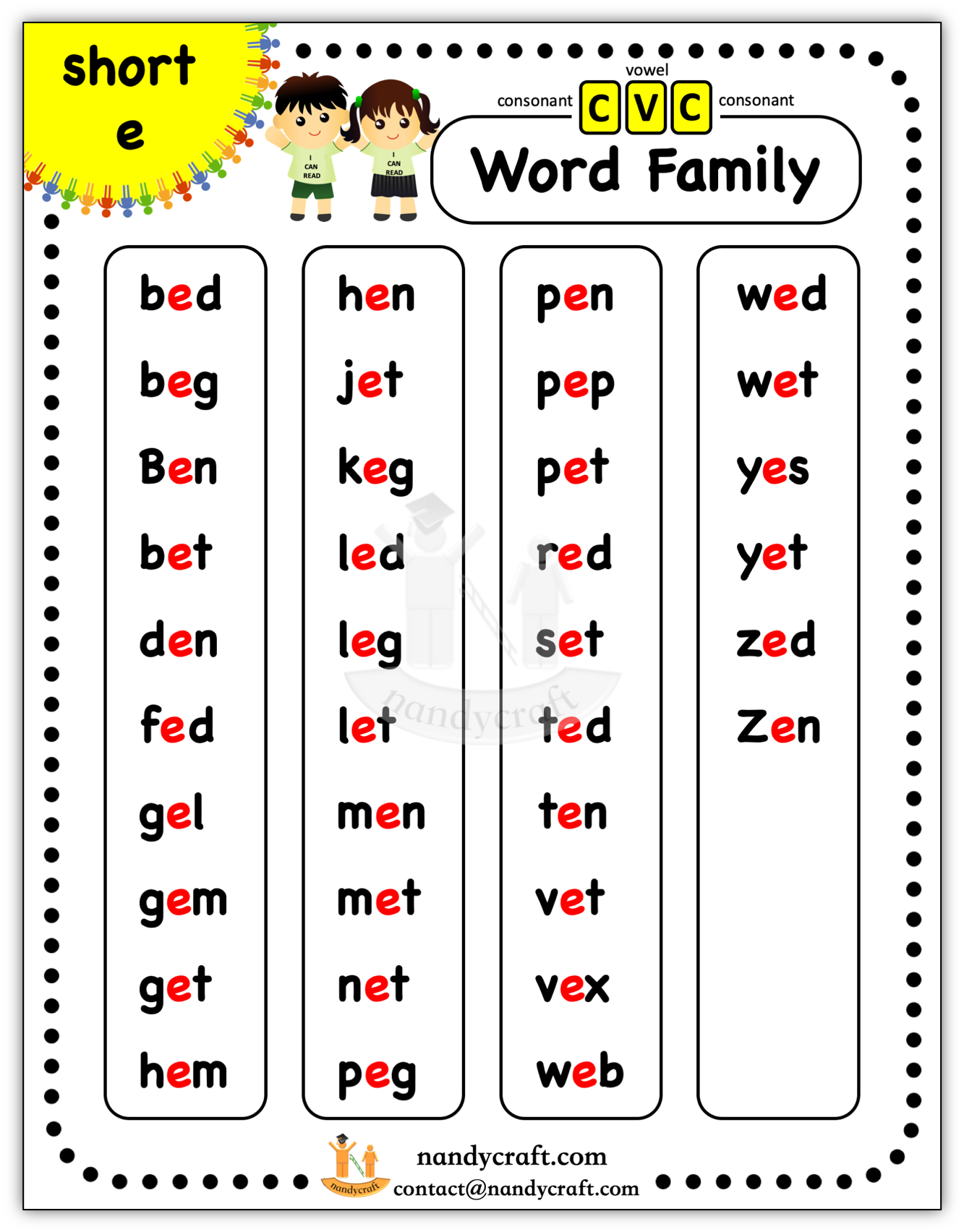 Short E CVC Word Family